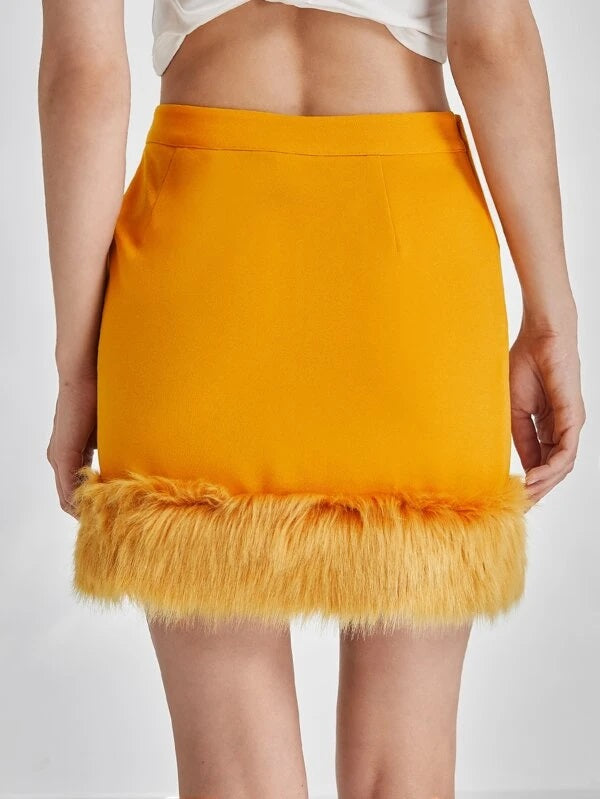 CM-BS473622 Women Elegant Seoul Style Fuzzy Hem Bodycon Skirt - Yellow