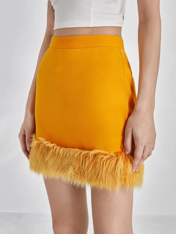 CM-BS473622 Women Elegant Seoul Style Fuzzy Hem Bodycon Skirt - Yellow