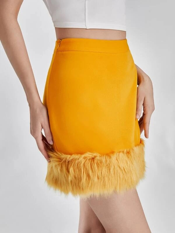 CM-BS473622 Women Elegant Seoul Style Fuzzy Hem Bodycon Skirt - Yellow