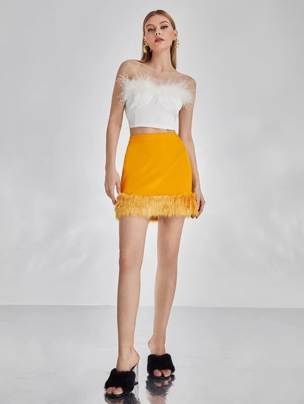 CM-BS473622 Women Elegant Seoul Style Fuzzy Hem Bodycon Skirt - Yellow