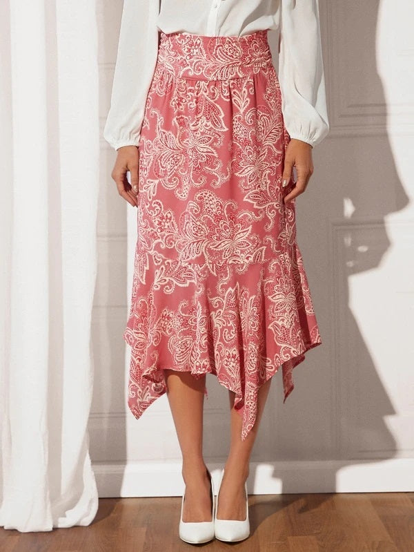 CM-BS743848 Women Elegant Seoul Style Floral And Paisley Print Asymmetrical Hem Skirt