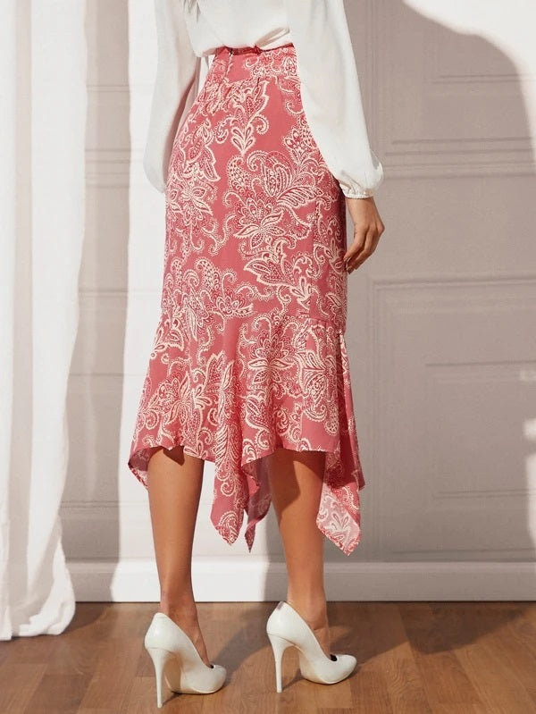 CM-BS743848 Women Elegant Seoul Style Floral And Paisley Print Asymmetrical Hem Skirt