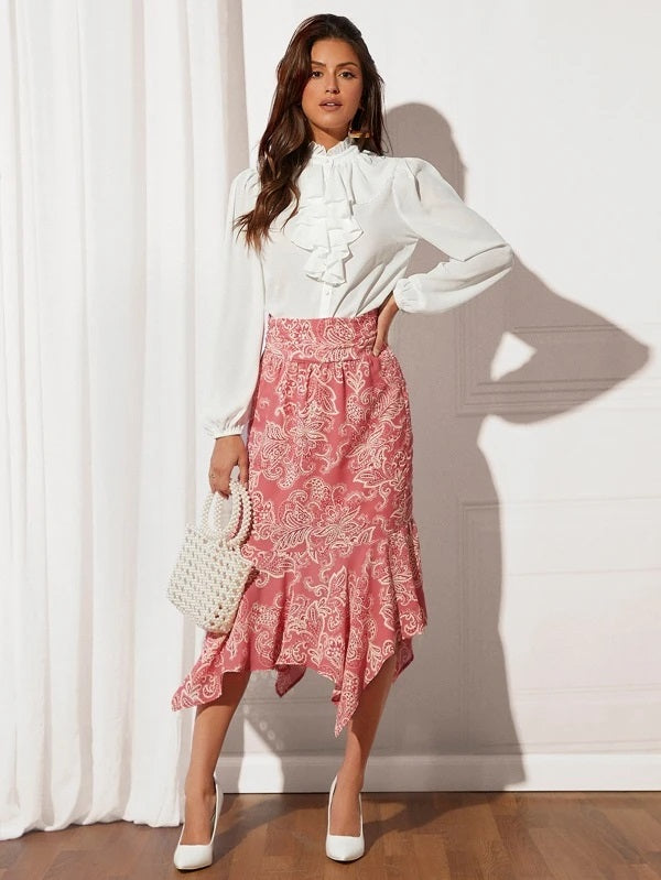 CM-BS743848 Women Elegant Seoul Style Floral And Paisley Print Asymmetrical Hem Skirt