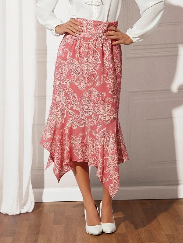 CM-BS743848 Women Elegant Seoul Style Floral And Paisley Print Asymmetrical Hem Skirt