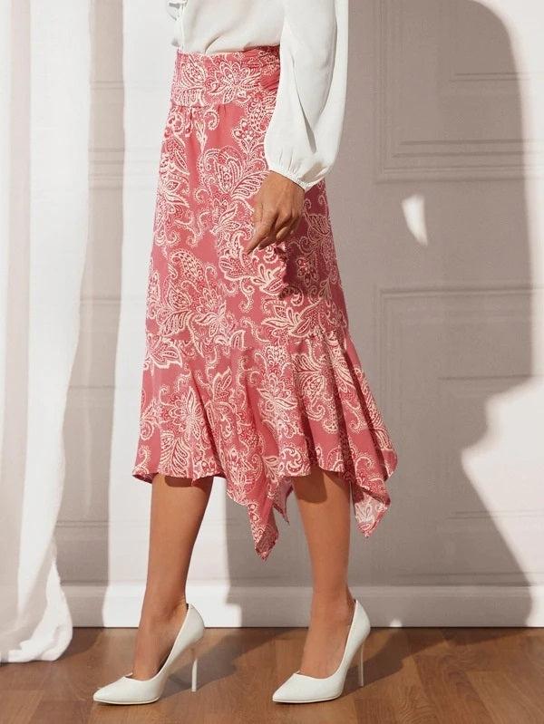 CM-BS743848 Women Elegant Seoul Style Floral And Paisley Print Asymmetrical Hem Skirt