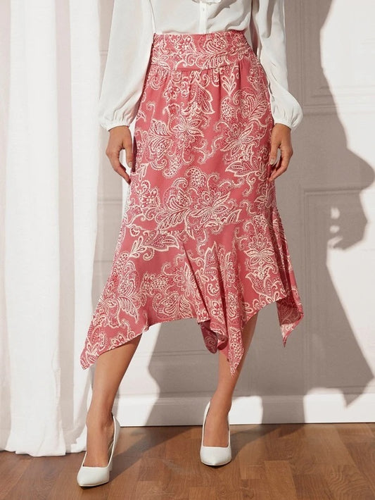 CM-BS743848 Women Elegant Seoul Style Floral And Paisley Print Asymmetrical Hem Skirt