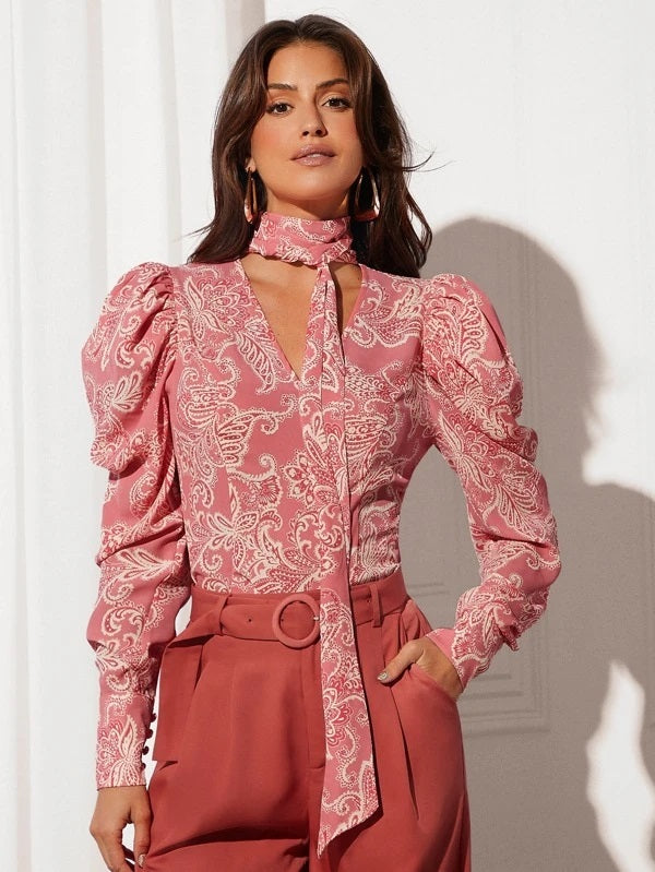 CM-TS553777 Women Elegant Seoul Style Paisley Print Tie Neck Gigot Sleeve Blouse