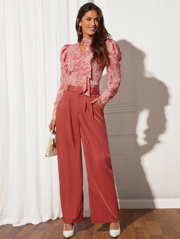 CM-TS553777 Women Elegant Seoul Style Paisley Print Tie Neck Gigot Sleeve Blouse