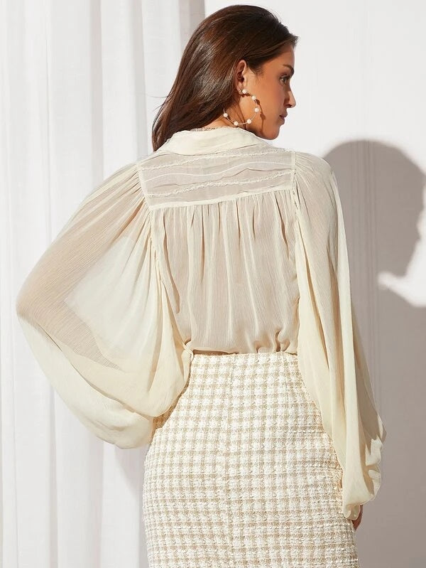 CM-TS822878 Women Elegant Seoul Style Collar Lantern Sleeve Sheer Shirt - Beige