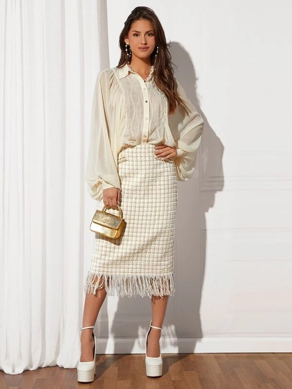 CM-TS822878 Women Elegant Seoul Style Collar Lantern Sleeve Sheer Shirt - Beige