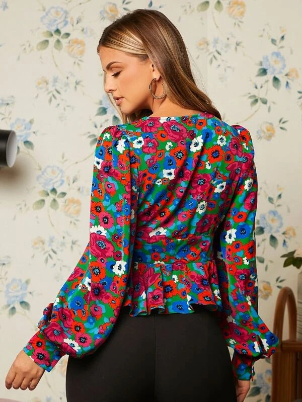 CM-TS608846 Women Casual Seoul Style Floral Print Lantern Sleeve Peplum Top