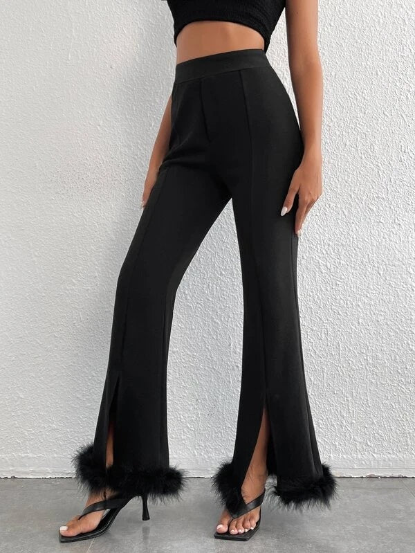 CM-BS353399 Women Elegant Seoul Style Fuzzy Trim Split Hem Flare Leg Pants - Black