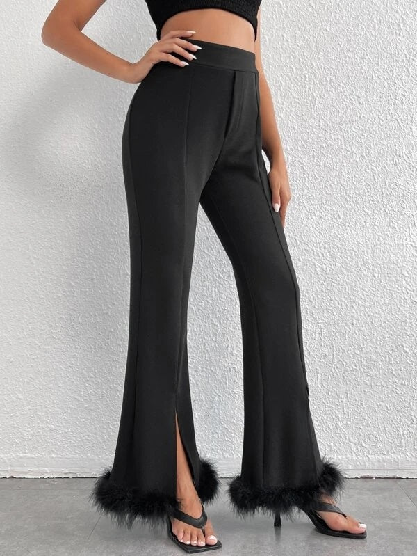 CM-BS353399 Women Elegant Seoul Style Fuzzy Trim Split Hem Flare Leg Pants - Black