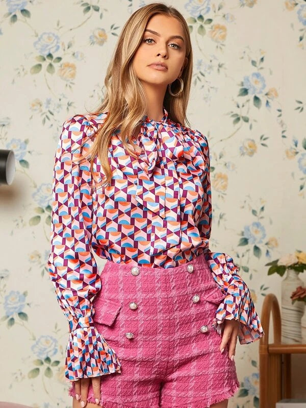 CM-TS534500 Women Elegant Seoul Style Tie Neck Geometric Print Satin Top