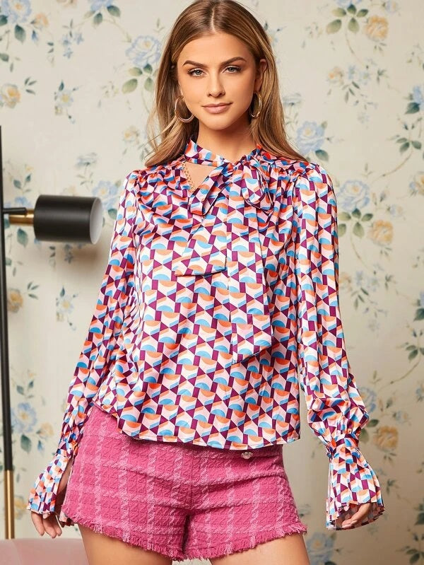 CM-TS534500 Women Elegant Seoul Style Tie Neck Geometric Print Satin Top