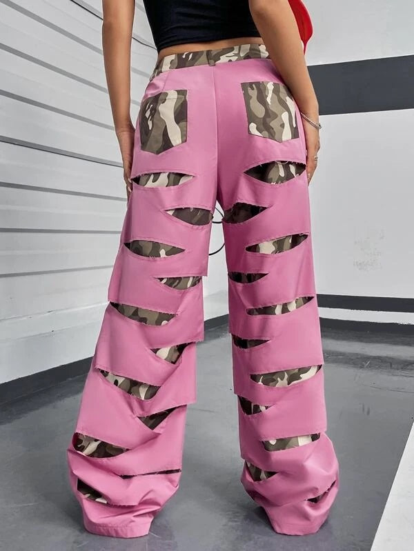 CM-BS499379 Women Casual Seoul Style Camo Print Ripped Wide Leg Pants - Pink