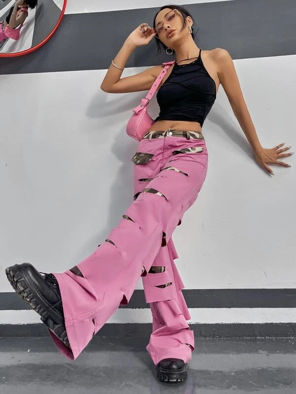 CM-BS499379 Women Casual Seoul Style Camo Print Ripped Wide Leg Pants - Pink