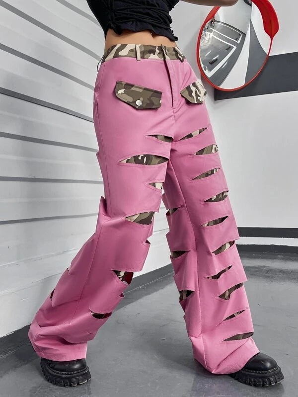 CM-BS499379 Women Casual Seoul Style Camo Print Ripped Wide Leg Pants - Pink