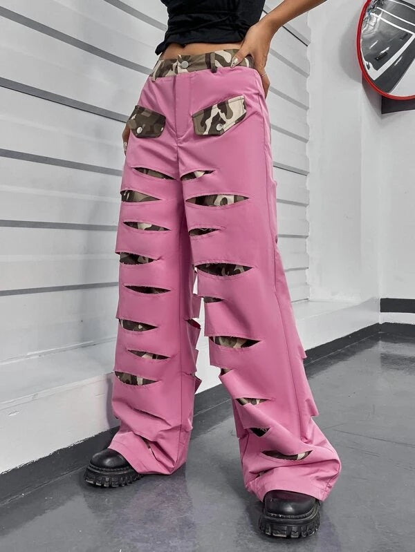 CM-BS499379 Women Casual Seoul Style Camo Print Ripped Wide Leg Pants - Pink