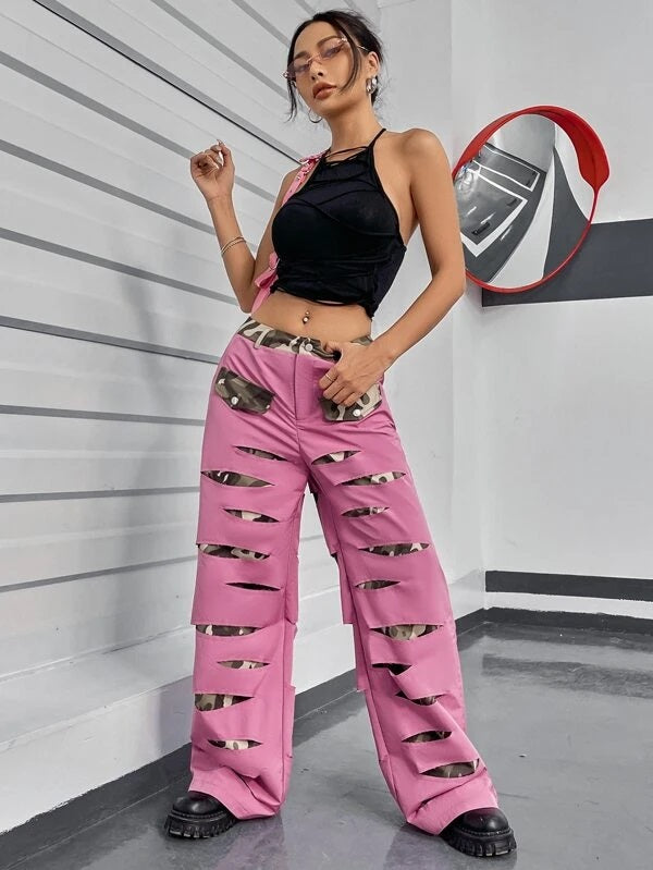 CM-BS499379 Women Casual Seoul Style Camo Print Ripped Wide Leg Pants - Pink