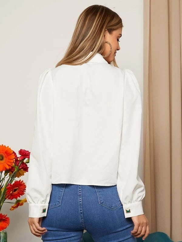 CM-TS125974 Women Casual Seoul Style Puff Sleeve Button Front Shirt - White