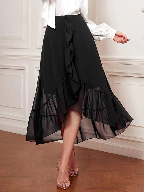 CM-BS059899 Women Elegant Seoul Style High Waist Ruffle Trim Wrap Skirt - Black