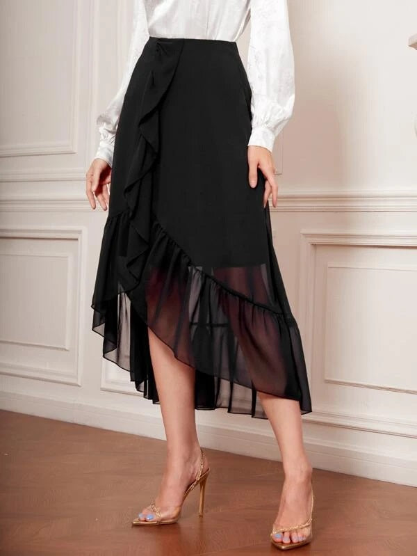 CM-BS059899 Women Elegant Seoul Style High Waist Ruffle Trim Wrap Skirt - Black