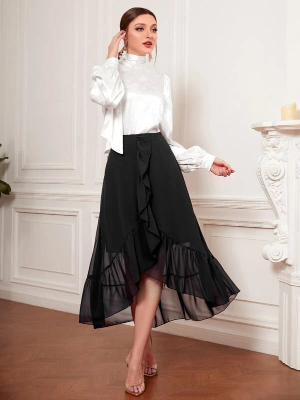 CM-BS059899 Women Elegant Seoul Style High Waist Ruffle Trim Wrap Skirt - Black