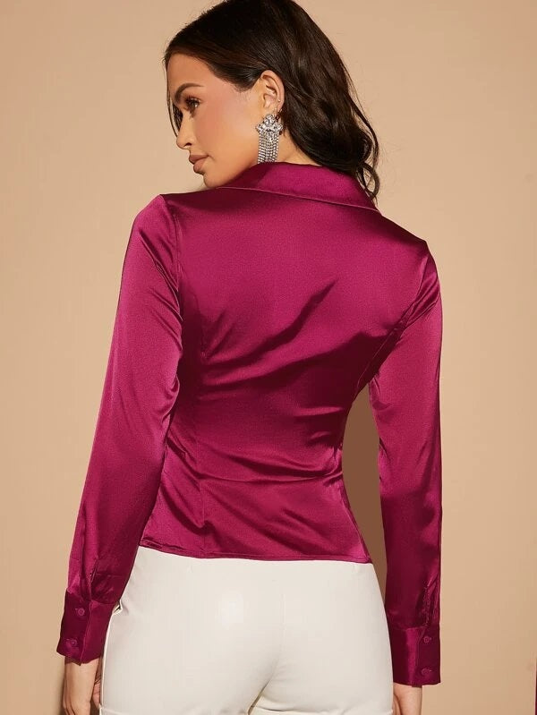 CM-TS230140 Women Elegant Seoul Style Long Sleeve Shawl Collar Wrap Satin Blouse