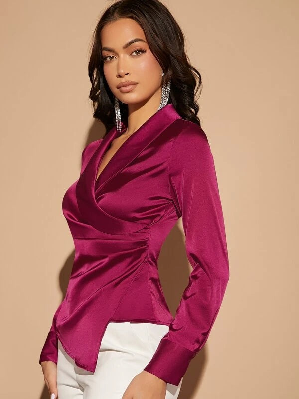 CM-TS230140 Women Elegant Seoul Style Long Sleeve Shawl Collar Wrap Satin Blouse