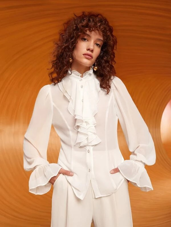 CM-TS236603 Women Elegant Seoul Style High Neck Collar Flounce Sleeve Shirt - White