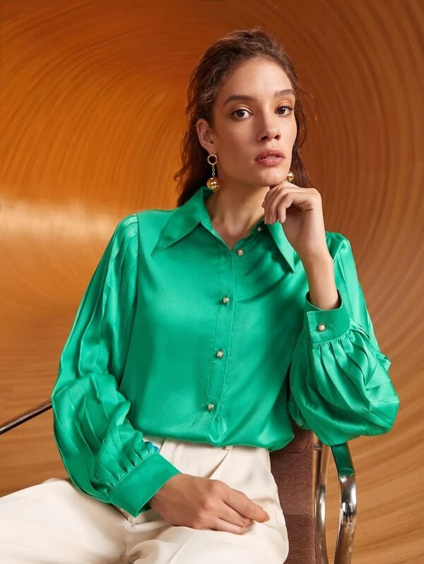 CM-TS619563 Women Elegant Seoul Style Solid Pleated Bishop Sleeve Shirt - Green