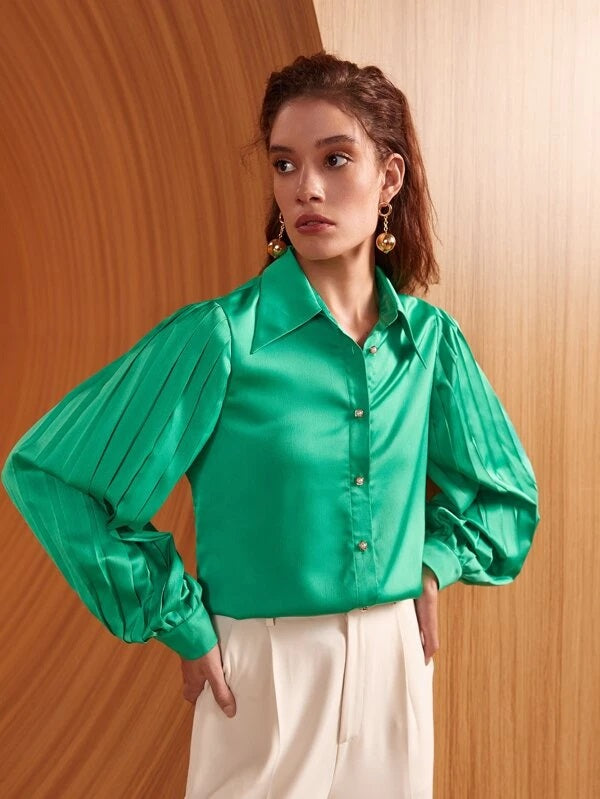 CM-TS619563 Women Elegant Seoul Style Solid Pleated Bishop Sleeve Shirt - Green