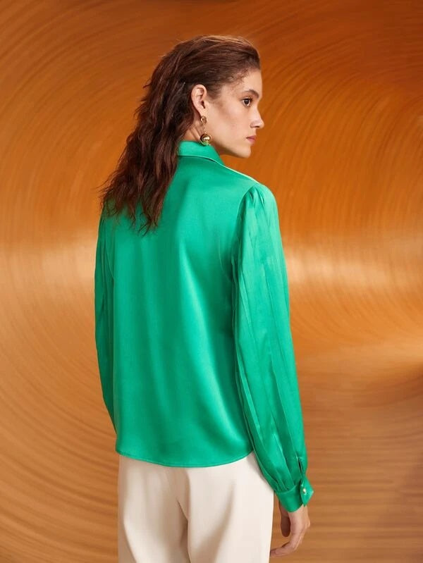 CM-TS619563 Women Elegant Seoul Style Solid Pleated Bishop Sleeve Shirt - Green