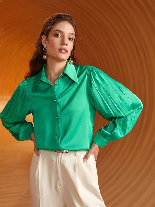 CM-TS619563 Women Elegant Seoul Style Solid Pleated Bishop Sleeve Shirt - Green