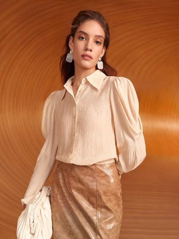 CM-TS242887 Women Elegant Seoul Style Collar Button Front Gigot Sleeve Shirt - Beige