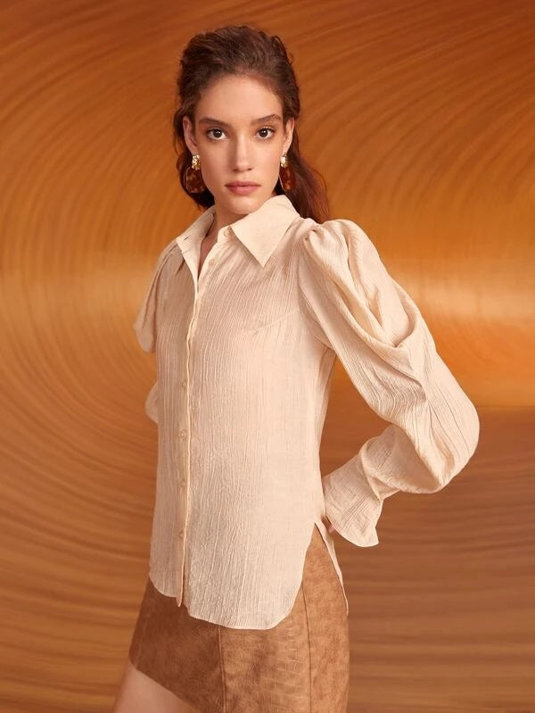 CM-TS242887 Women Elegant Seoul Style Collar Button Front Gigot Sleeve Shirt - Beige