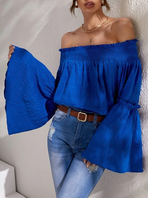 CM-TS406888 Women Trendy Bohemian Style Flounce Sleeve Off Shoulder Blouse - Royal Blue