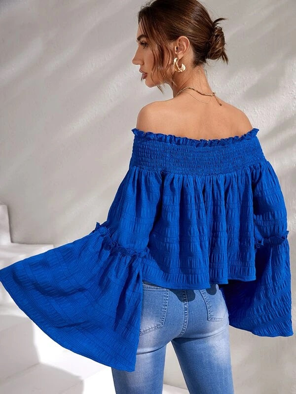 CM-TS406888 Women Trendy Bohemian Style Flounce Sleeve Off Shoulder Blouse - Royal Blue