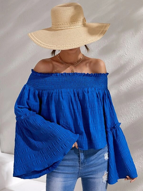 CM-TS406888 Women Trendy Bohemian Style Flounce Sleeve Off Shoulder Blouse - Royal Blue