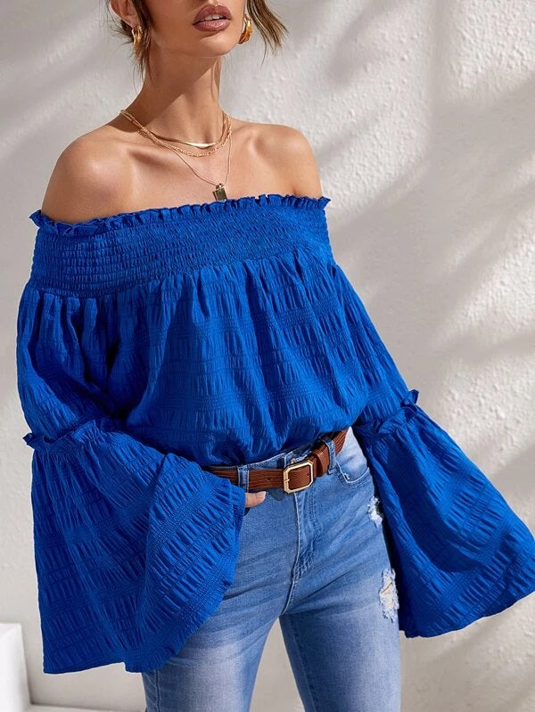 CM-TS406888 Women Trendy Bohemian Style Flounce Sleeve Off Shoulder Blouse - Royal Blue