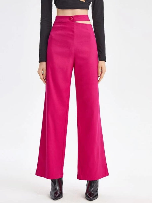 CM-BS127238 Women Elegant Seoul Style Cutout Waist Flare Leg Pants - Hot Pink