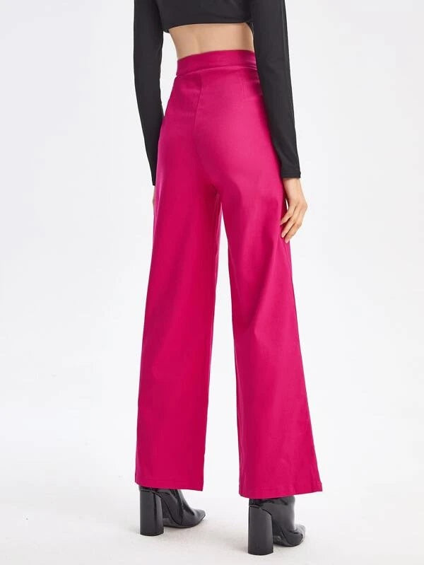 CM-BS127238 Women Elegant Seoul Style Cutout Waist Flare Leg Pants - Hot Pink