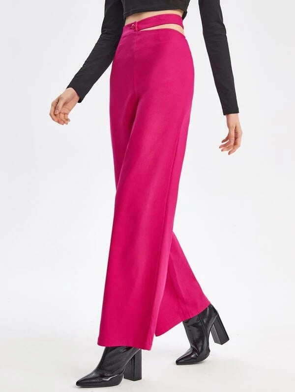 CM-BS127238 Women Elegant Seoul Style Cutout Waist Flare Leg Pants - Hot Pink