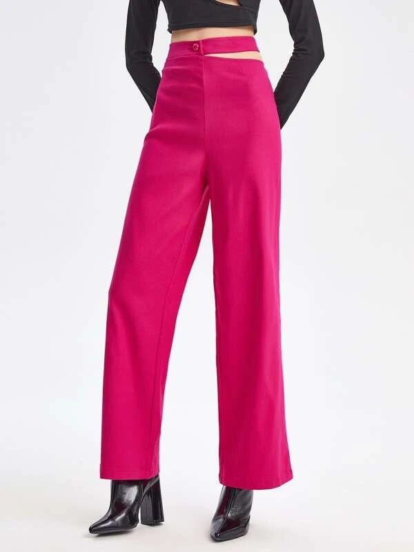 CM-BS127238 Women Elegant Seoul Style Cutout Waist Flare Leg Pants - Hot Pink