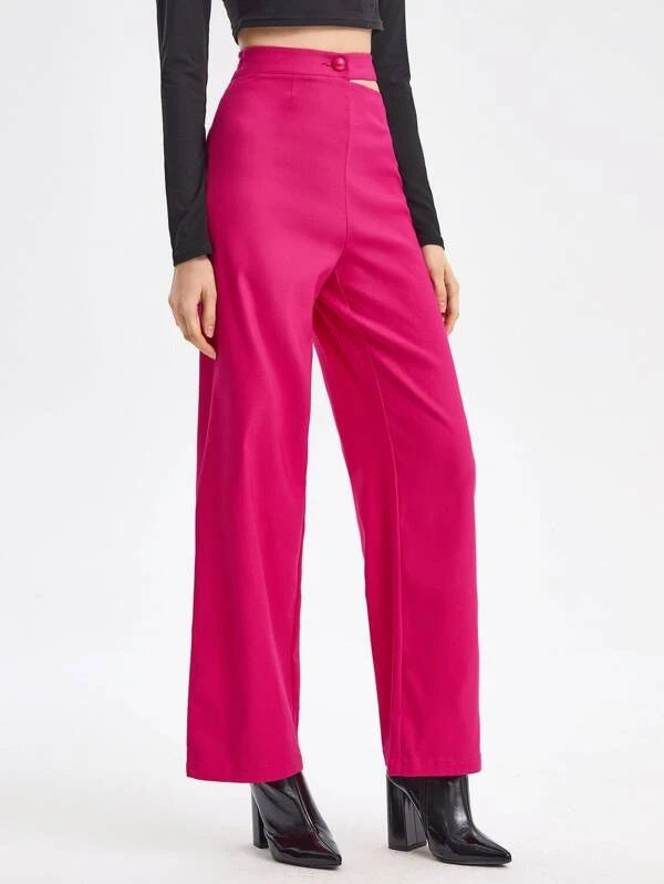 CM-BS127238 Women Elegant Seoul Style Cutout Waist Flare Leg Pants - Hot Pink