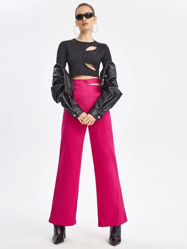 CM-BS127238 Women Elegant Seoul Style Cutout Waist Flare Leg Pants - Hot Pink