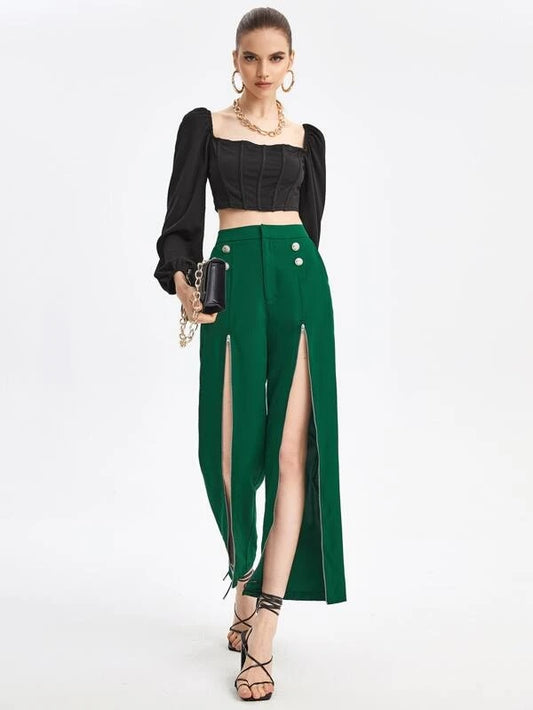 CM-BS782268 Women Elegant Seoul Style Button Detail Split Thigh Pants - Dark Green