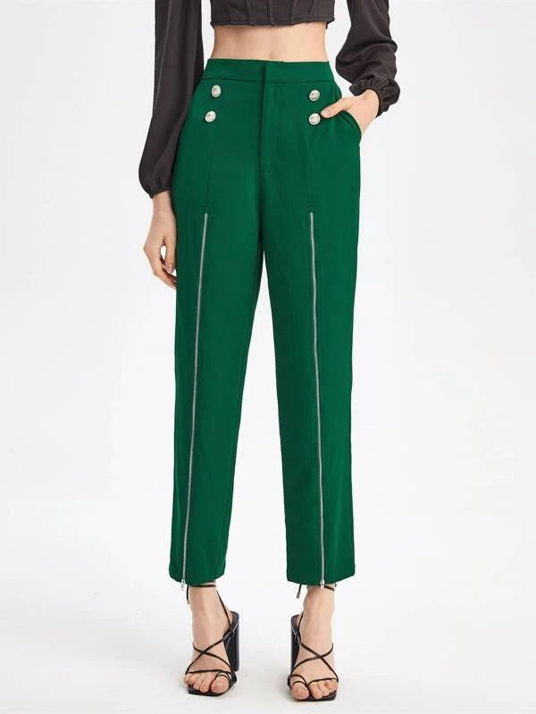 CM-BS782268 Women Elegant Seoul Style Button Detail Split Thigh Pants - Dark Green