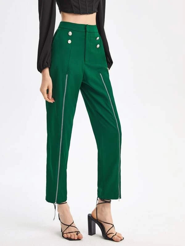 CM-BS782268 Women Elegant Seoul Style Button Detail Split Thigh Pants - Dark Green